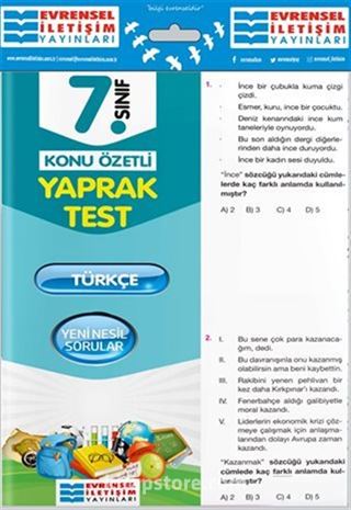 7. Sınıf Türkçe Konu Özetli Yaprak Test